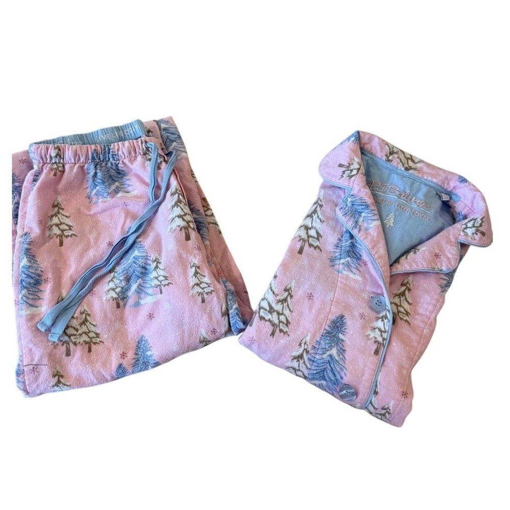 PJ Salvage Pink Pine Tree Flannel Pajama Set XS 100% Cotton Winter Trees